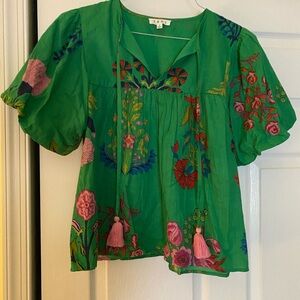 THML Green Blouse with Multicolor Floral Embroidery